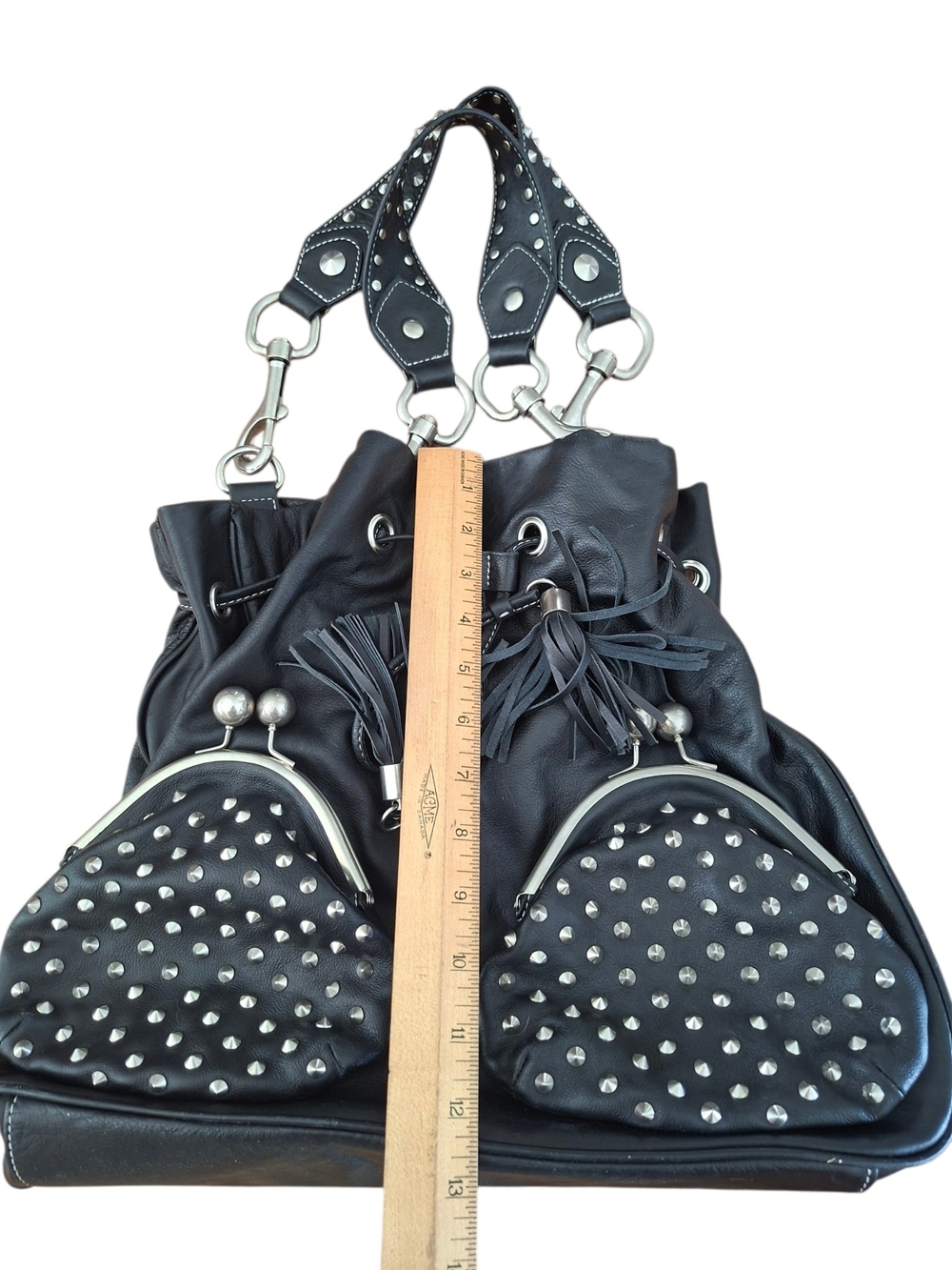 Vtg Betsey Johnson Black Leather Studded Kiss Lock Hobo Bucket Bag Y2K Rare - Picture 15 of 16